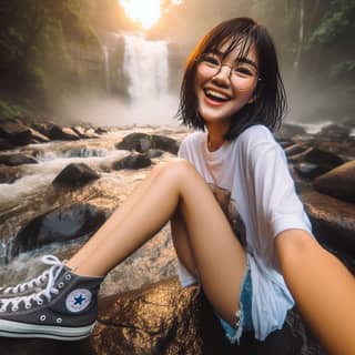 Người mặc áo sơ mi trắng và giày thể thao converse ngồi gần thác nước.