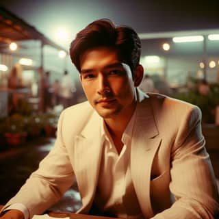 in a white suit sitting at a table