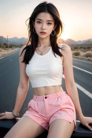 in a white top and pink shorts