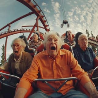 Seorang pasangan warga tua menikmati perjalanan roller coaster di taman tema.