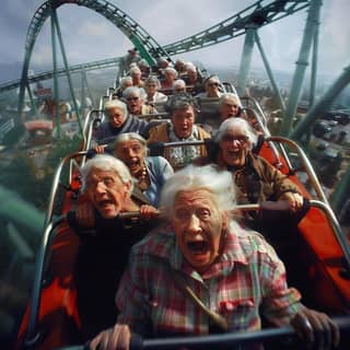 Seorang wanita tua menikmati naik roller coaster.