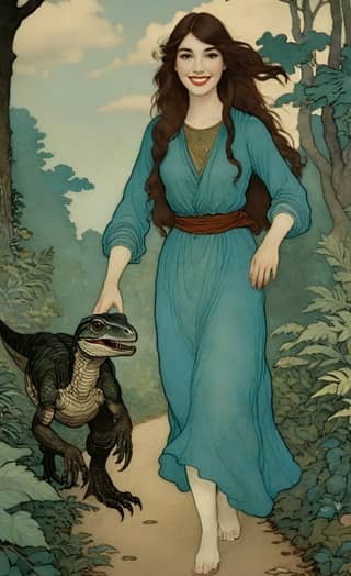 in blue dress walking with a dinosaur