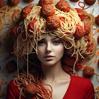 with spaghetti on her head