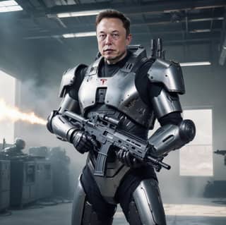 Elon Musk sedang memegang senjata dalam pakaian futuristik.