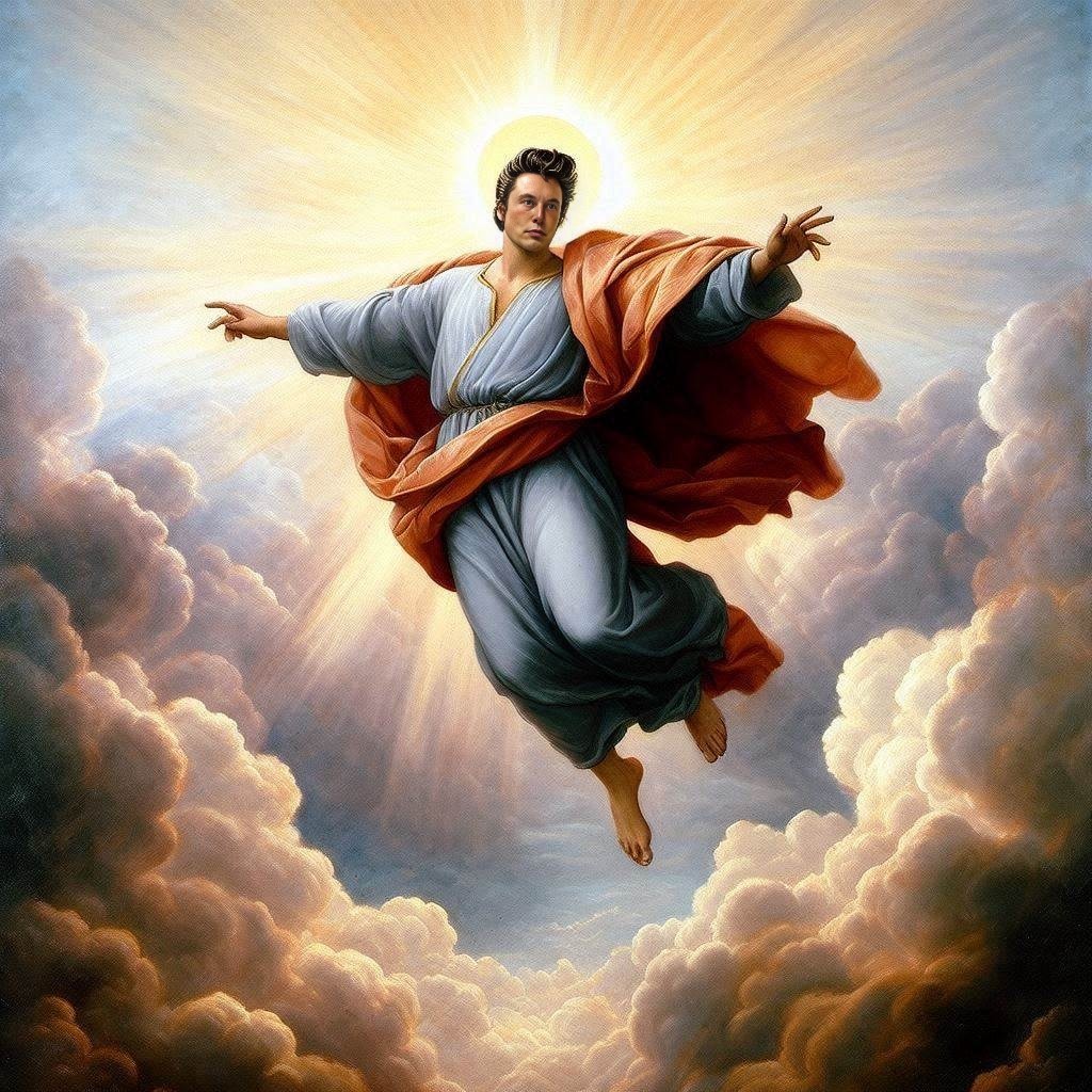 jesus flying in the sky above clouds