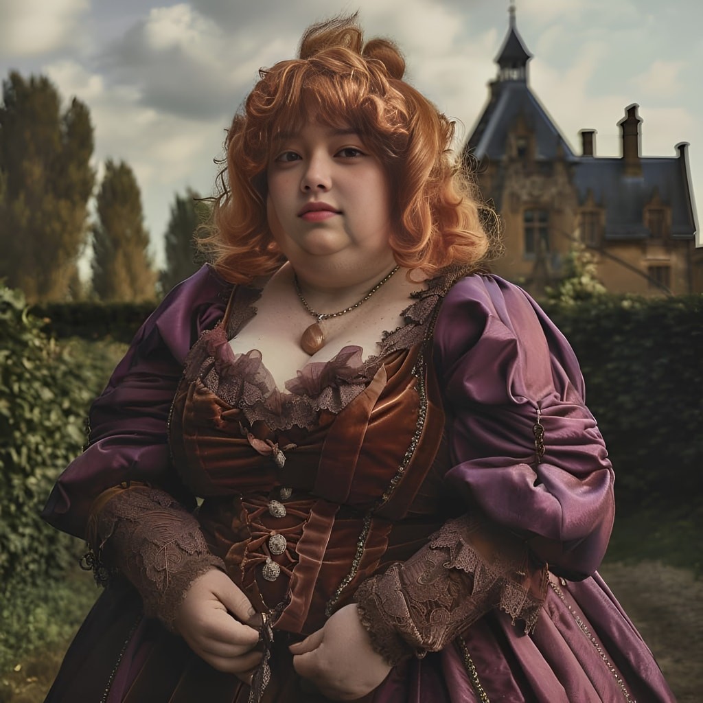 Una mujer está usando un vestido morado y tiene el pelo rojo.