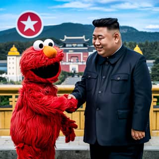 shaking hands with a giant red sesame street character