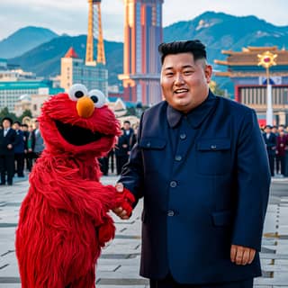 Una persona en traje estrechando manos con un gigante personaje rojo de Plaza Sésamo.