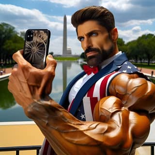 with a bodybuilding pose holding a cell phone