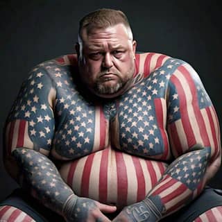 Ele exibe com orgulho uma grande tatuagem da bandeira americana em seu peito.