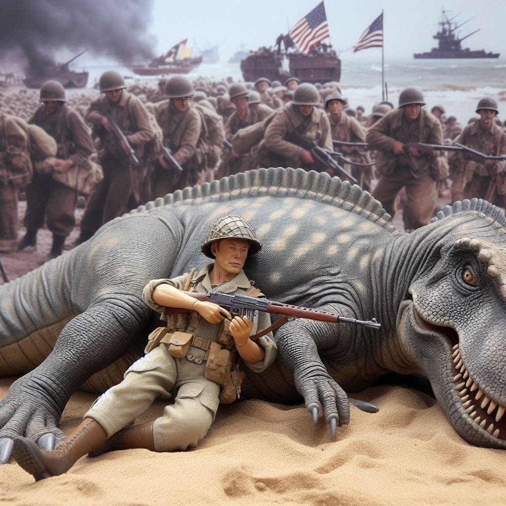 a toy soldier is sitting next to a t - rex