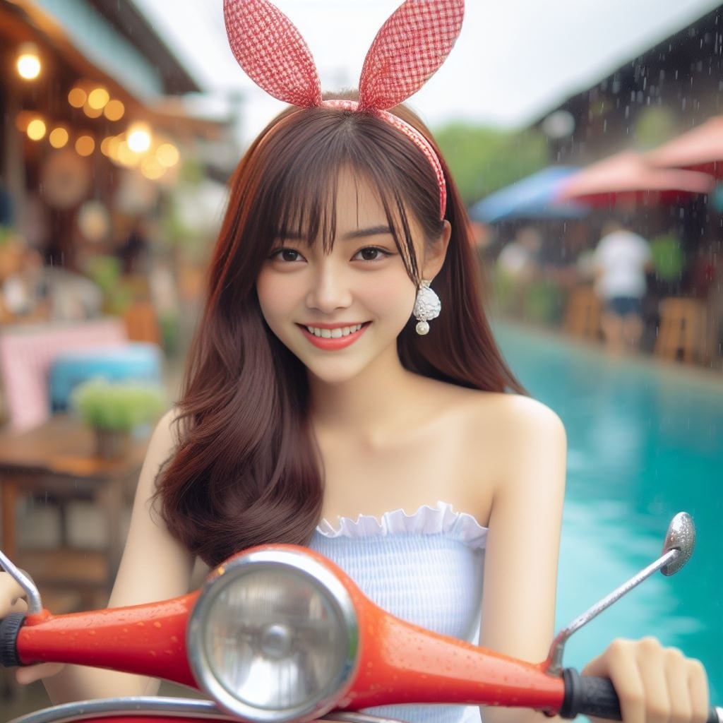 in bunny ears riding a scooter