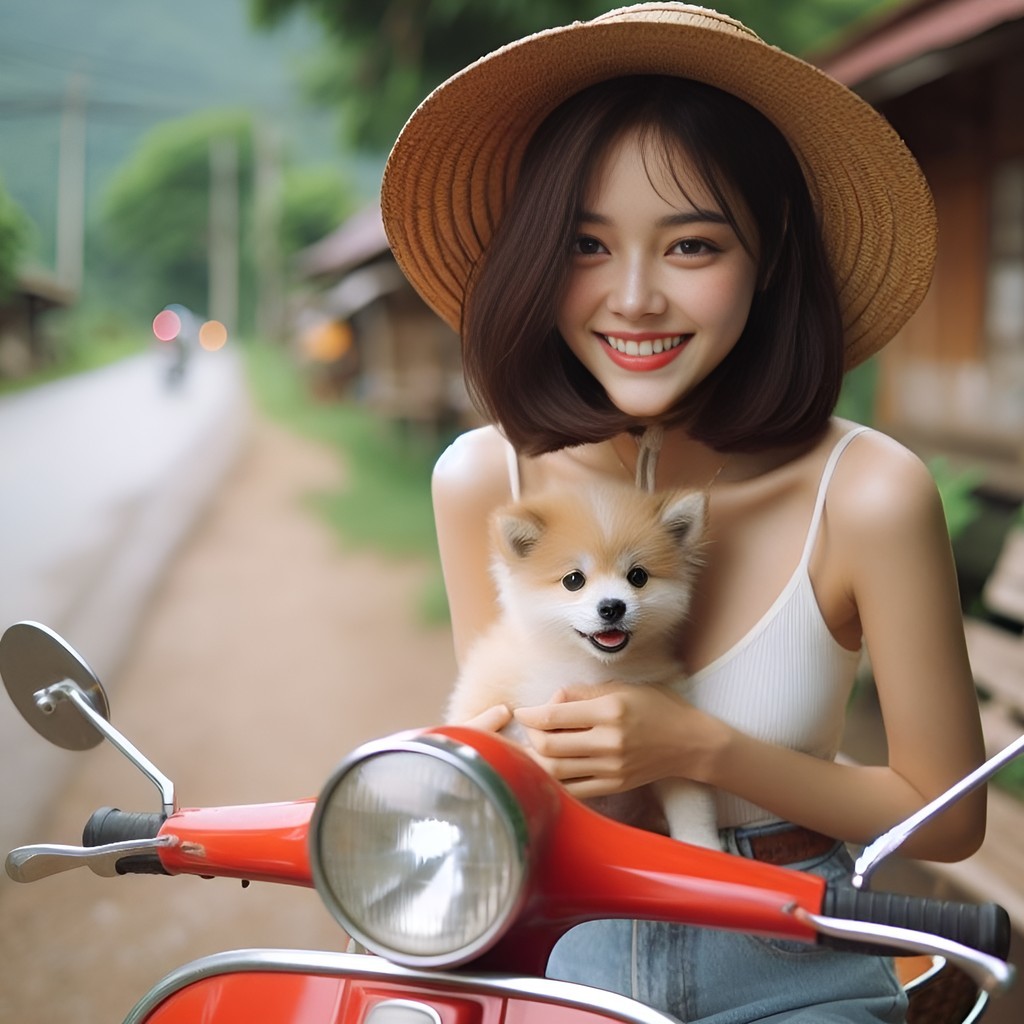 Persona con un cappello e una maglietta bianca con un piccolo cane su un motorino rosso.