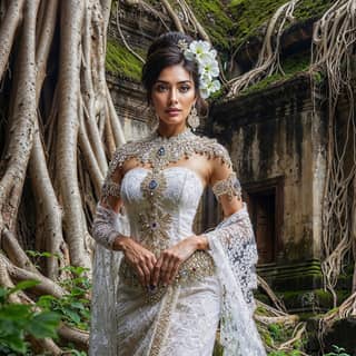 woman in a white dress standing in front of a tree