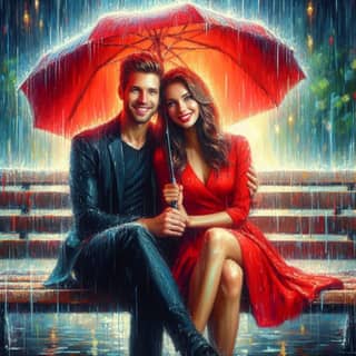 a couple sitting on a bench in the rain with an umbrella