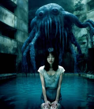 a girl in a white dress sitting in front of a giant octopus