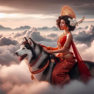 in an indian costume riding a husky