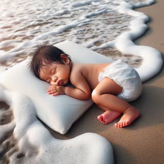 Un bambino che dorme su un cuscino in spiaggia.