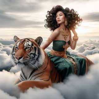 in a green dress sitting on a tiger