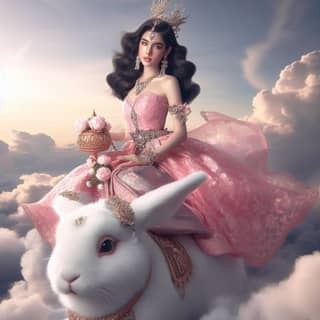 in a pink dress riding on top of a white rabbit