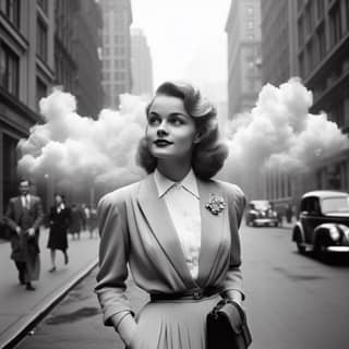 in a suit and hat standing in the middle of a street with a cloud of smoke