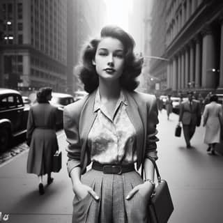 in a suit and skirt standing on a city street