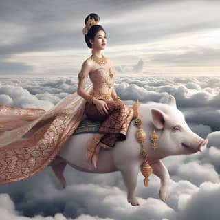 in thai dress riding a pig in the sky