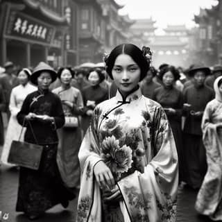 Uma pessoa está em pé no meio de uma multidão usando um vestido tradicional chinês.