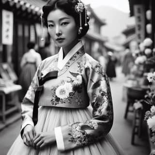 in traditional korean clothing standing on a street