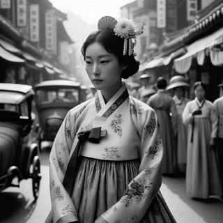 in traditional korean clothing stands in the middle of a street