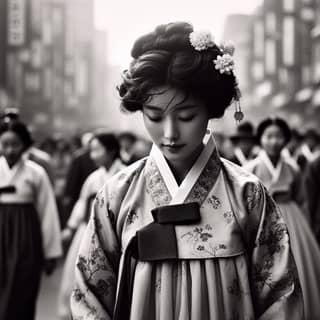 in traditional korean clothing walking down a street