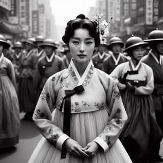 in traditional korean dress stands in front of a crowd