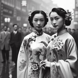 two women in traditional chinese clothing standing on a street