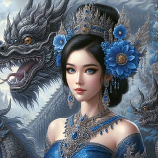 woman in blue dress with a dragon on her head