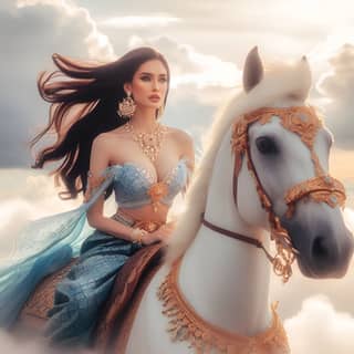 woman in a blue dress riding a white horse