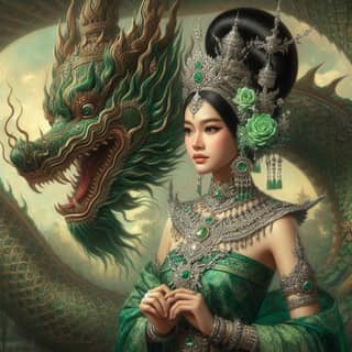 woman in a green dress and a dragon