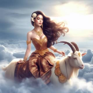 woman in a traditional dress riding a goat
