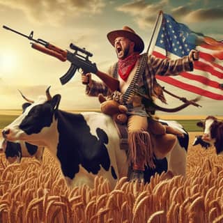 in a cowboy hat and a gun on a cow