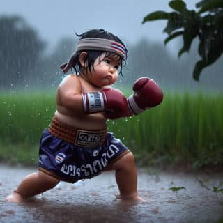 Un bebé llevando guantes de boxeo y un impermeable.