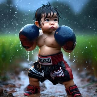 Un bebé con guantes de boxeo está parado bajo la lluvia.