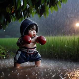 Un bebé con guantes de boxeo está parado bajo la lluvia.