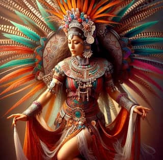 dressed in a colorful costume with feathers