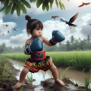 a little girl in boxing gear with birds flying around her