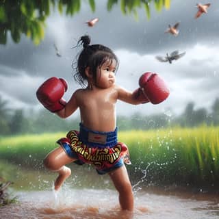 a little girl in a boxing outfit is jumping in the water