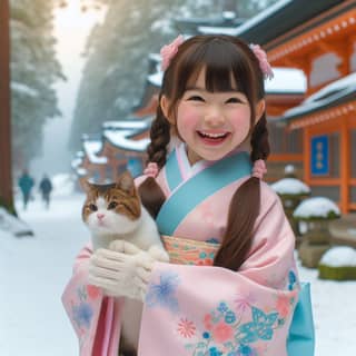 a little girl in kimono holding a cat