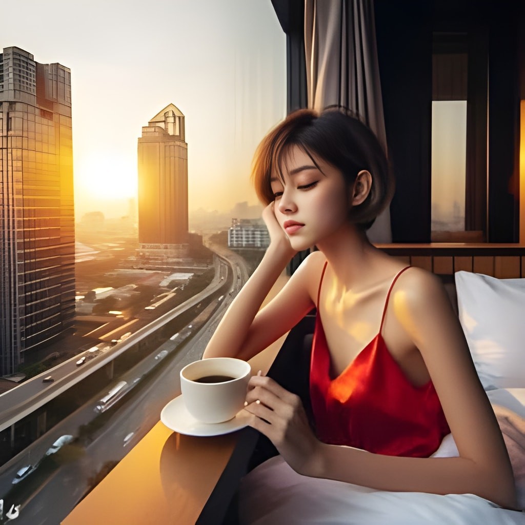 in a red dress sitting on a bed with a coffee