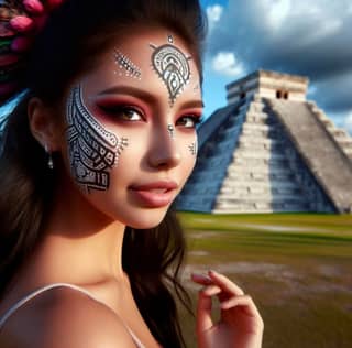 woman with a mexican face paint and a mexican pyramid