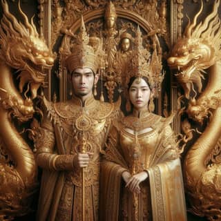 a couple in golden costumes standing in front of a dragon