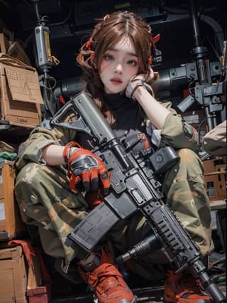 a girl in camouflage sitting on a chair with an ak - 47