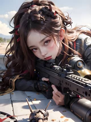 a girl with long hair holding a gun